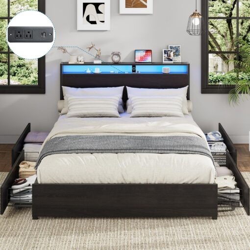Kiivakii Full Size Bed Frame with Headboard, LED Platform Bed with 4 Storage Drawers, Built in Charging Station, Noise-Free, Metal Support Base, No Box Spring Needed, Black