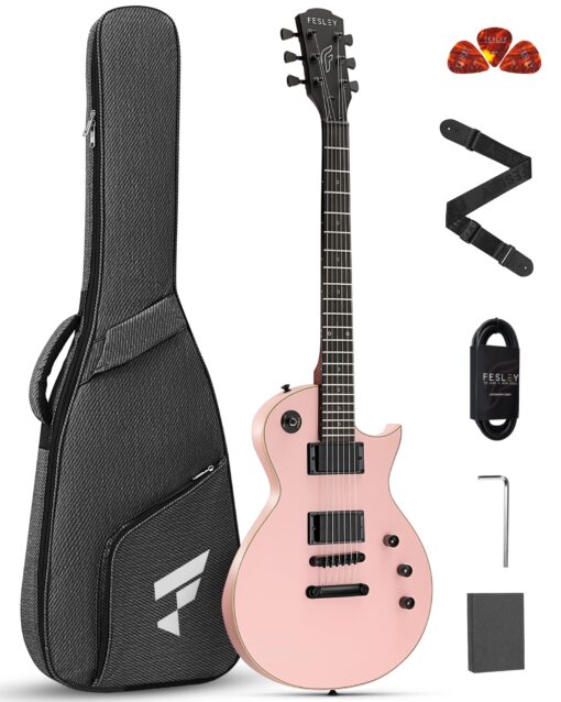 Fesley 39" LP Electric Guitar Kit: Full Size Solid Body Electric Guitars for Beginners with Humbucker Pickups, Poplar Body, Mahogany Neck,22 Frets,6 String Guitar with Gig Bag,Cable,FLP350,Matte,Pink