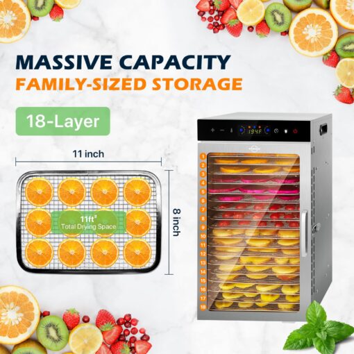 Commercial Food Dehydrator Machine 18-Tray, 86-194℉ Temperature Control, 800W Fast Drying Dehydrater, Low Noise <45dB, 24H Timer, LED Display, Stainless Steel Dehydrator for Meat Jerky Beef Fruit Herb - Image 5
