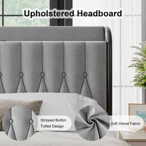 Feonase Velvet Full Size Bed Frame with Fast Charging Station,Full Metal Platform Beds with Upholstered Headboard & Footboard,12" Under Bed Storage Space,Easy Assembly,Noise-Free,Matte Gray - Image 4