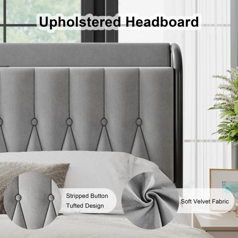 Feonase Velvet Full Size Bed Frame with Fast Charging Station,Full Metal Platform Beds with Upholstered Headboard & Footboard,12" Under Bed Storage Space,Easy Assembly,Noise-Free,Matte Gray - Image 4