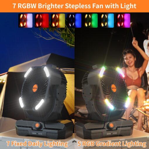 WESTTREE Battery Operated Large Airflow Fan,45000mAh Rechargeable Camping Cordless Fan with 360°Auto Oscillation & Timer, Queit Battery Powered Tent Fans Portable with RGBW Lights for Home X66 Black - Image 5