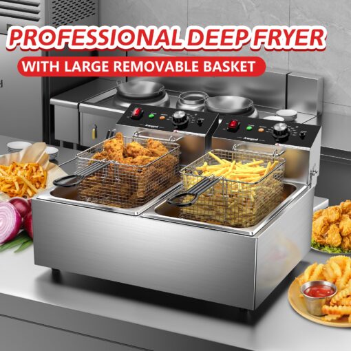Commercial Deep Fryer with Baskets Stainless Steel Double Deep Fryer with 2 Baskets Capacity 10L X 2(21.3QT) Electric Countertop Fryer for Restaurant and Home Use, 110V 3400W - Image 9