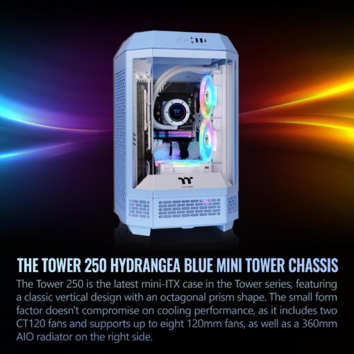 Thermaltake Tower 250 Hydrangea Blue Mini-ITX Mini Tower; 2x120mm CT Fans Included; 360mm Radiator Support; 360mm GPU Clearance; Dual Chamber; CA-1Z9-00SFWN-00 - Image 6