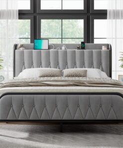 Feonase Velvet Full Size Bed Frame with Fast Charging Station,Full Metal Platform Beds with Upholstered Headboard & Footboard,12" Under Bed Storage Space,Easy Assembly,Noise-Free,Matte Gray