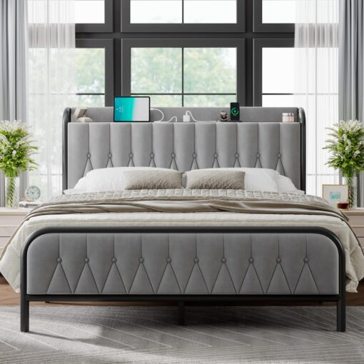 Feonase Velvet Full Size Bed Frame with Fast Charging Station,Full Metal Platform Beds with Upholstered Headboard & Footboard,12" Under Bed Storage Space,Easy Assembly,Noise-Free,Matte Gray