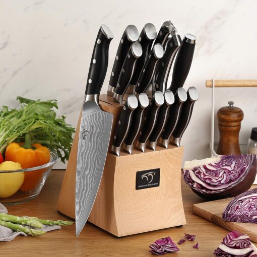 Damascus Kitchen Knife Set, 15-Piece Kitchen Knife Set with Block, ABS Ergonomic Handle for Chef Knife Set and Serrated Steak Knives Knife Sharpener and Kitchen Shears, Beechwood Block - Image 2