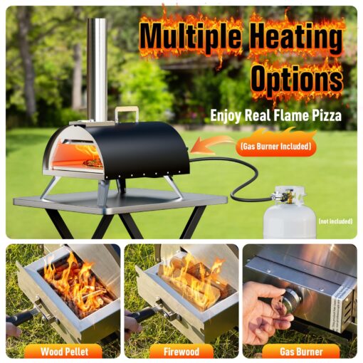 Multi-Fuel Pizza Oven Outdoor, 12" Portable Wood and Gas Fired Pizza Oven with Thermometer,Gas Hose & Pizza Stone,Heats up to 1000°F,Stainless Steel Pizza Oven for Backyard or Camping (Black) - Image 8