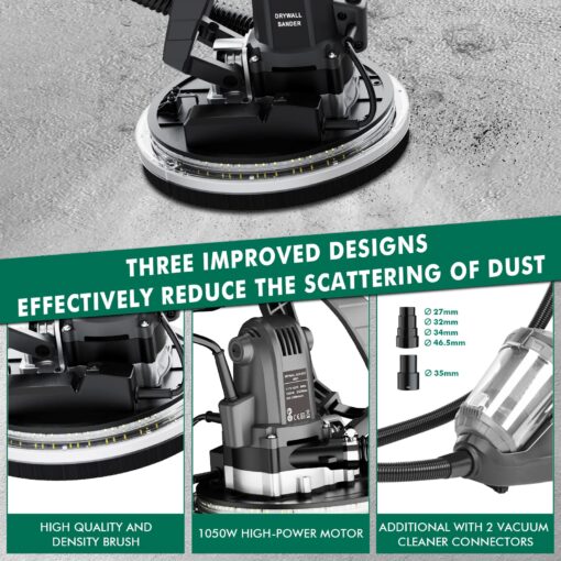 Electric Drywall Sander with Vacuum Dust Collector, IMQUALI® 9.5A 1050W Floor Sanders for Wood Floor with Variable Speed 600-2600RPM, Extendable Handle, LED Light, 12pcs Sanding Discs, Green, IM03 - Image 4