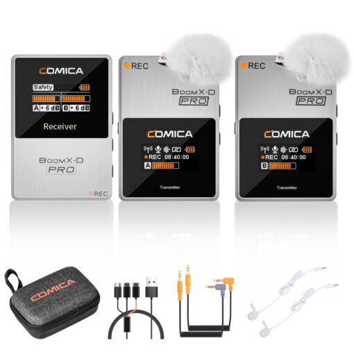 COMICA BoomX-D2 PRO Wireless Lavalier Microphone, 16GB Storage, Safety Audio Track, Noise Cancellation, 328' Range, Wireless Lav Mic for iPhone, Android, PC Interviews, Vlogs, Live-Streaming(White)