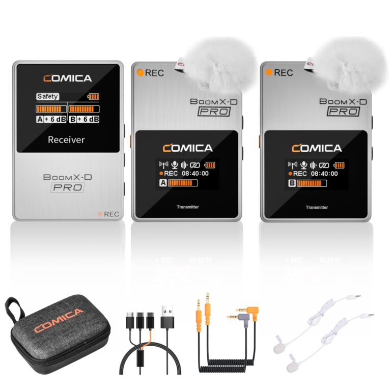 COMICA BoomX-D2 PRO Wireless Lavalier Microphone, 16GB Storage, Safety Audio Track, Noise Cancellation, 328' Range, Wireless Lav Mic for iPhone, Android, PC Interviews, Vlogs, Live-Streaming(White)