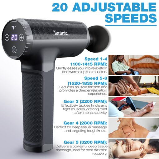 Turonic Professional Handheld Massage Gun - Deep Tissue Percussion Massager, 20 Speeds, 7 Heads, Quiet, Powerful, Portable, Cordless, Great for Athletes, Personal Use, Shoulder, Foot, Back Body, GM5 - Image 3