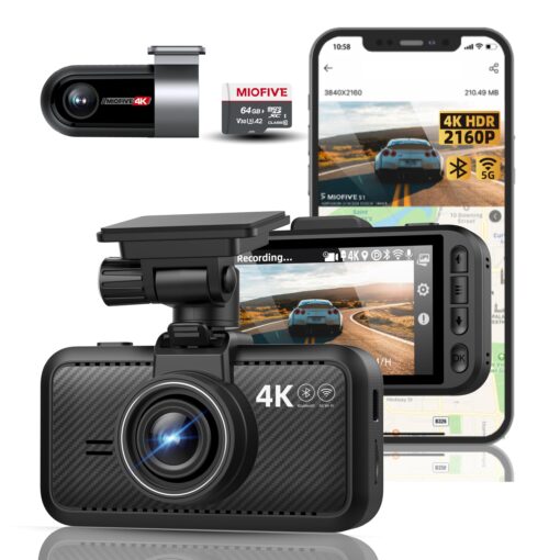 Miofive Dash Cam Car Front Rear 4K+4K WiFi Bluetooth Dash Cam with 64GB SD Card, Dual Car Camera with Parking Monitoring, Super Night Vision, HDR, G-Sensor, Loop Recording, App Control, Max 512GB