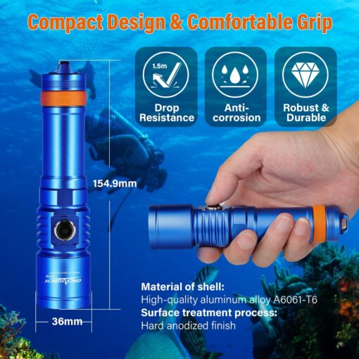 ORCATORCH D710 Scuba Diving Light, 3000 Lumens Super Bright Underwater Flashlight with 6 Degrees Narrow Beam, IP68 Waterproof Night Dive Torch 150 Meters Submersible Light (Blue) - Image 3