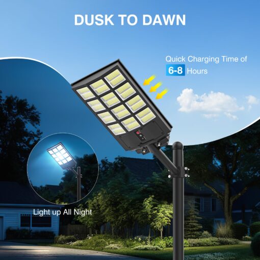 3000W Solar Street Lights Outdoor, Wide Angle Commercial Solar Lights Outdoor Dusk to Dawn, 6500K Flood Light Outdoor with Motion Sensor, IP66 Waterproof LED Street Light for Parking Lot, Yard 2PACK - Image 7