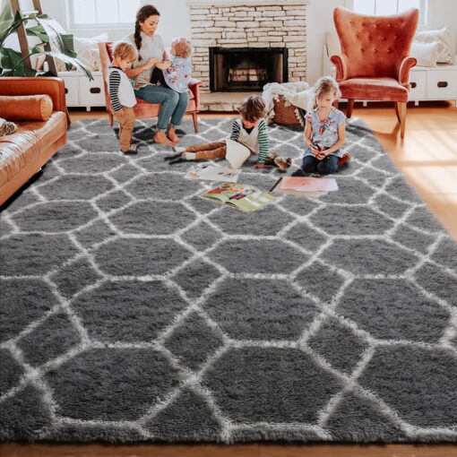 ONASAR 8x10 Area Rugs for Living Room, Fluffy Grey and White Bedroom Rug, Washable Geometric Boho Large Soft Plush Shaggy Fuzzy Floor Carpet for Nursery Kids Classroom Playroom Dorm Home Decor - Image 6