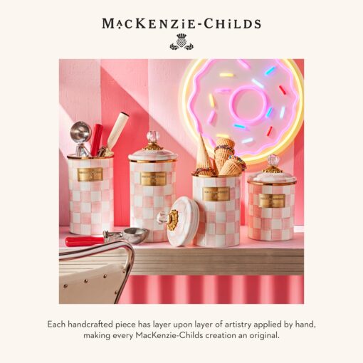 MACKENZIE-CHILDS Large Enamel Canister, Kitchen Storage Container for Flour and Sugar, 1.89 Liters, Pink-and-White Rosy Check - Image 2