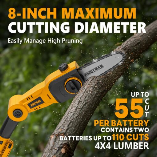 Alloyman Pole Saw 8-Inch Cordless and 16-Inch Pole Hedge Trimmer 2-in-1,with 2 Packs 4.0Ah Batteries & Charger,for Tree Trimming and Shrubs Pruning - Image 5