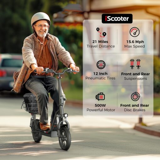 iScooter Electric Scooter with Seat, 21 Miles Long Range & 15.6 Mph Top Speed, 12'' Pneumatic Tire, Height Adjustable Seat &Handlebar, Dual Suspensions Commuting Scooter with Basket - Image 9