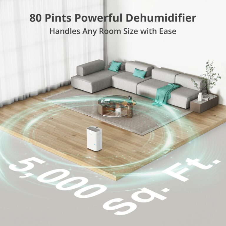 Kesnos 5,000 Sq. Ft. Most Efficient Energy Star 2025 Dehumidifier for Home, 80 Pints Dehumidifier with Drain Hose for Basement, Bedroom, Bathroom, Room, Featuring Front Display, 24H Timer Function - Image 8