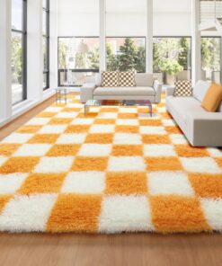 KICMOR 8x10 Area Rugs for Living Room, Large Fluffy Fuzzy Orange and Cream White Checkered Shag Rug Soft Plush Big Bedroom Carpet, Shaggy Floor Rugs for Kids Boys Girls Dorm Nursery Home Room Decor