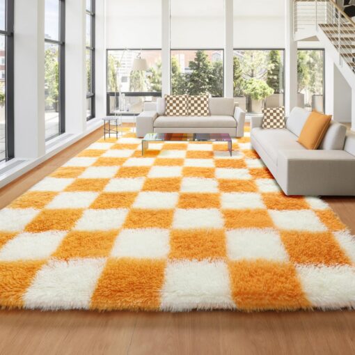 KICMOR 8x10 Area Rugs for Living Room, Large Fluffy Fuzzy Orange and Cream White Checkered Shag Rug Soft Plush Big Bedroom Carpet, Shaggy Floor Rugs for Kids Boys Girls Dorm Nursery Home Room Decor