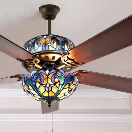 RIVER OF GOODS 52 Inch LED Stained Glass Ceiling Fan With Remote - Double-Lit Ceiling Fans With Lights - Unique Lighting & Ceiling Fans - Charming Antique Ceiling Fan Light Fixture - Halston - Blue - Image 9