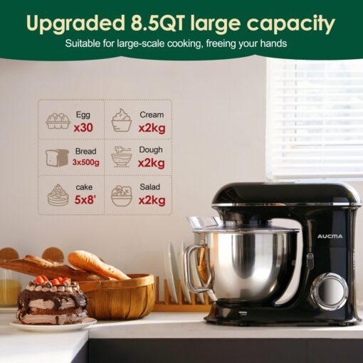 Aucma Stand Mixer,8.5QT 900W Tilt-Head, Large Capacity Kitchen Electric Mixer with Dough Hook, Wire Whip & Beater (Black, 8.5QT) - Image 6