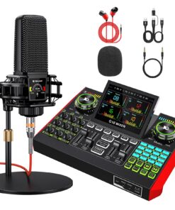 Podcast Microphone Bundle with Live Sound Card Audio Mixer, Podcast Equipment Bundle with 3.5mm Condenser Microphone for Pc/Phone Live Streaming Singing Gaming, Sound Board with Voice Changer, Denoise