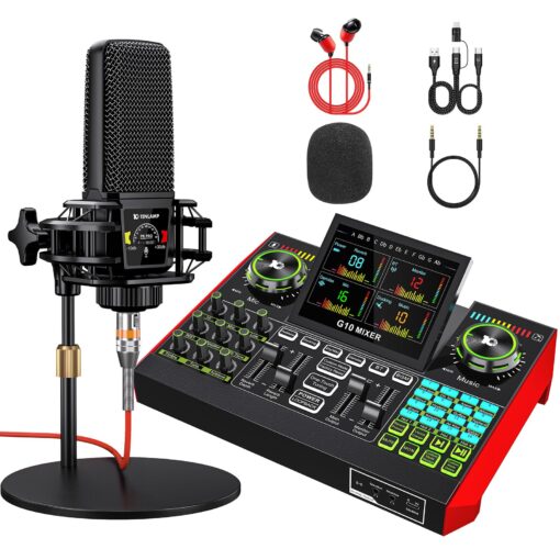 Podcast Microphone Bundle with Live Sound Card Audio Mixer, Podcast Equipment Bundle with 3.5mm Condenser Microphone for Pc/Phone Live Streaming Singing Gaming, Sound Board with Voice Changer, Denoise
