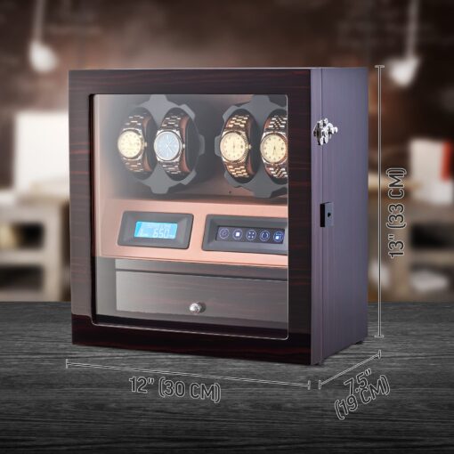 4 Watch Winder with 5 Watch Storage Space, LCD Display, Touch Control and Interior Light (Ebony + Brown) - Image 2