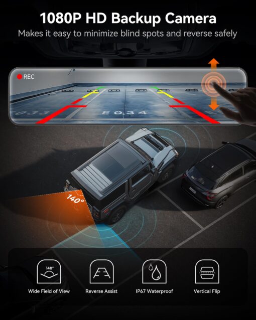 WOLFBOX G890 12" 3 Channel Mirror Dash Cam, 2K Triple Rear View Mirror Camera, 4K Dash Cam Mirror Front and Rear with Hardwire Kit, Touch Screen Backup Camera with Motion Detection, GPS & 64GB Card - Image 4