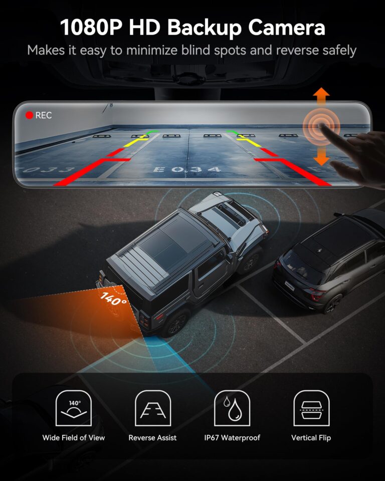 WOLFBOX G890 12" 3 Channel Mirror Dash Cam, 2K Triple Rear View Mirror Camera, 4K Dash Cam Mirror Front and Rear with Hardwire Kit, Touch Screen Backup Camera with Motion Detection, GPS & 64GB Card - Image 4