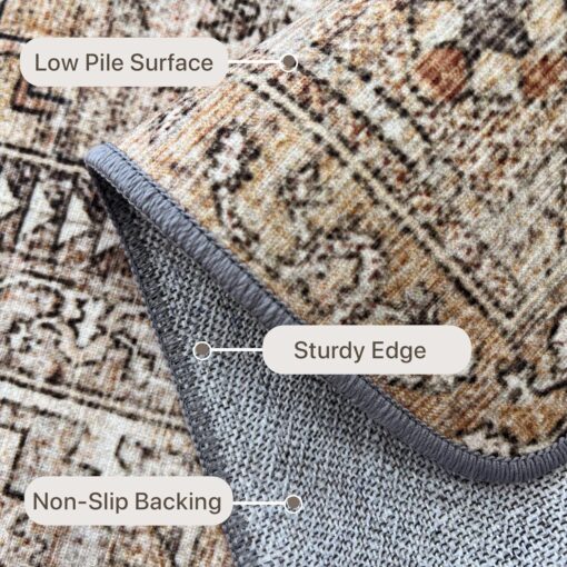 Bavni Area Rug 9X12 Machine Washable Vintage Distressed Print Ultra-Thin Chenille Hallway Bedroom Kitchen Entrance Accent Rug, Low Pile Lightweight Non Slip with Gripper, Clay - Image 2