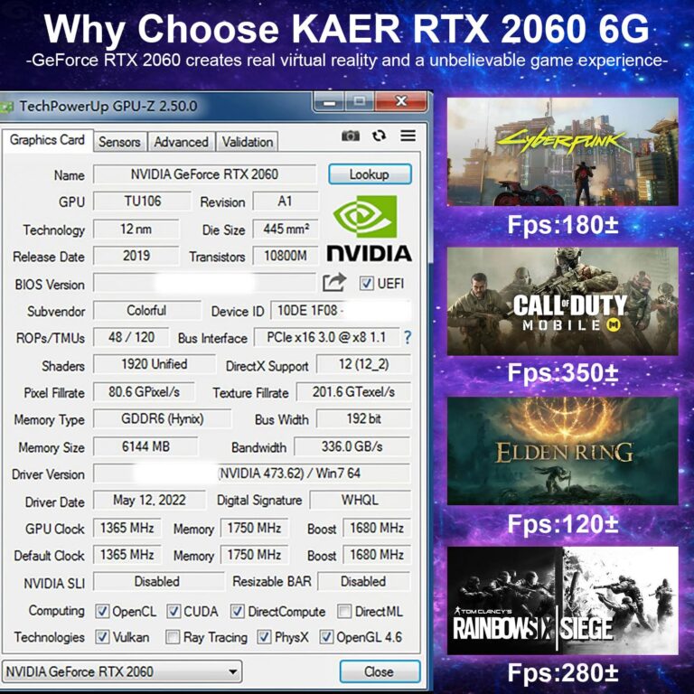 KAER Gaming GeForce RTX 2060 6GB GDRR6 192-Bit HDMI/DP/DVI 1680MHz Dual Fans ray-tracing Graphics Card - Image 4