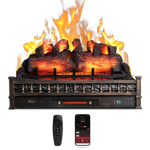TURBRO Eternal Flame 30 in. WiFi Infrared Quartz Electric Fireplace Log Heater with Sound Crackling, Realistic Pinewood Logs, Adjustable Flame Colors, Remote Control, Thermostat, Timer, 1500W, Bronze - Image 2