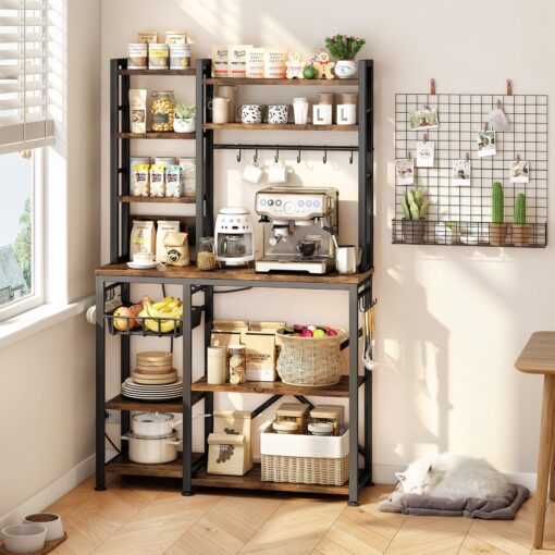 Baker Rack with Power Outlet - Microwave Stand with Storage, Large Coffee Bar Station with 14 Hooks, Metal Kitchen Shelf Rack for Spices, Pots (Rustic Brown) - Image 2