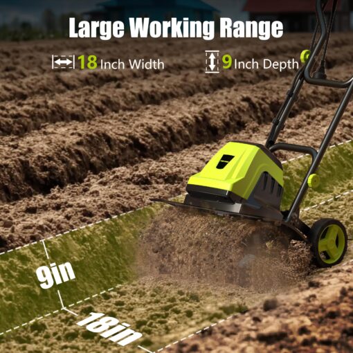 Electric Tiller, YERYORK 15-Amp 18-Inch Width 9-Inch Depth Corded Tiller Cultivator 24 Durable Steel Tines Gardening Tiller with Adjustable Wheels Foldable Handle for Easy Soil Cultivation - Image 8