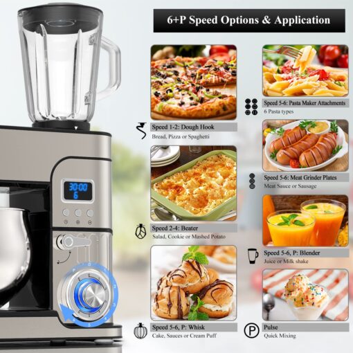 6-IN-1 Stand Mixer, LCD Display Kitchen Electric Mixer, 6.5QT Stainless Steel Bowl, Multi-Function Kitchen Blender With Dough Hook, Whisk, Beater, Meat Grinder, Splash Guard - Image 5