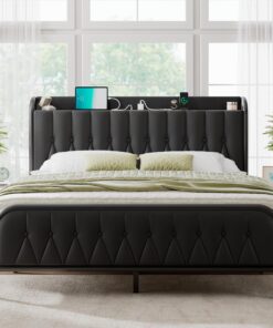 Feonase Leather Queen Bed Frame with Fast Charging Station,Queen Size Metal Platform Beds with Upholstered Headboard & Footboard,12" Underbed Storage Space,Easy Assembly,Noise-Free,Black