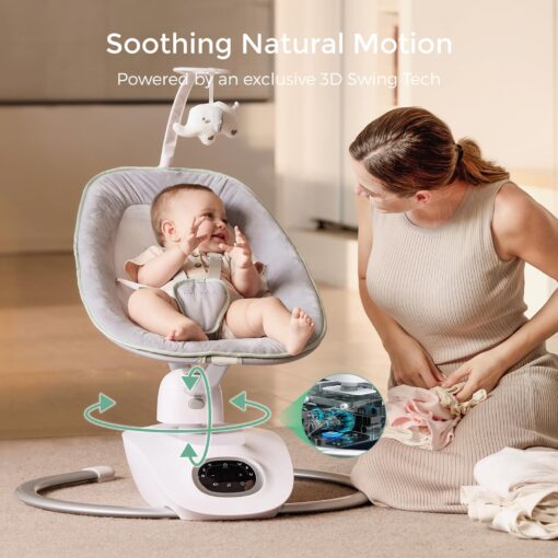 Momcozy CocoSway Baby Swing for Infants to Toddler, 3D-Motion Electric Baby Swing with 6 Motions & 4-Speeds, Remote Control, Infant Swing with 8 Preset Lullabies for Baby Boy Girl Up to 20 lbs - Image 8