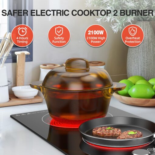 110v Electric Cooktop 2 Burners, 12'' Electric Stove Top with Plug in, GTKZW Knob Control Countertop & Built-in Ceramic Cooktop, 9 Power Levels, Child Lock, Timer, Over-Heat Protection - Image 5