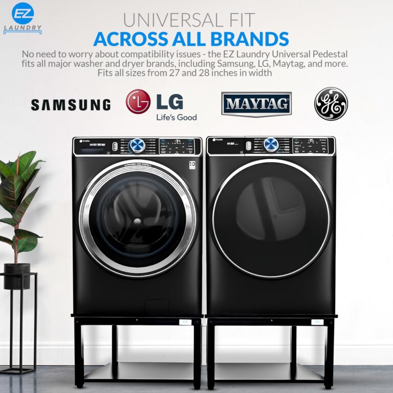 EZ Laundry | Upgraded 28” Universal Pedestal – 700lbs Capacity, Raises 16” with Built-in Drain Pan + Hose, Adjustable Feet, Anti-Vibration & Storage Shelf fits 27" or 28" Washer & Dryer (Black) - Image 3