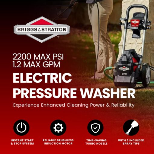 Briggs & Stratton 2200 Max PSI/1.2 Max GPM Electric Pressure Washer with 25 ft. Hose, 4 Spray Nozzles, Instant Start/Stop System and 9 Inch Wheels - Image 9