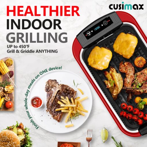 CUSIMAX Smokeless Indoor Grill, Electric Grill Griddle, 1500W Korean BBQ Grill with LED Smart Display & Tempered Glass Lid, Non-stick Removable Grill Plate & Griddle Plate, Red - Image 4