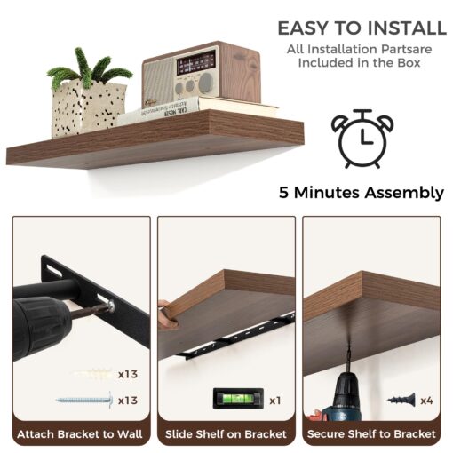 Large Floating Shelves for Wall, 72"W x 11.6"D x 2"H, 1 Pack of Long Wall Mounted Engineered Wood Shelves with Invisible Brackets for Living Room Bedroom Bathroom Kitchen Decor and Storage, Walnut - Image 4