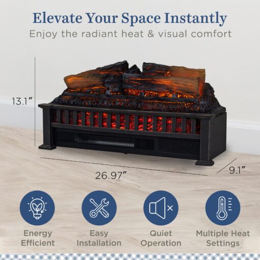 Country Living Electric Fireplace Logs, 27” LED Electric Fireplace Inserts with Infrared Heater, Electric Heater Heats up to 1000 Sq. Ft., Remote Controlled Infrared Heaters for Indoor Use, Black - Image 7