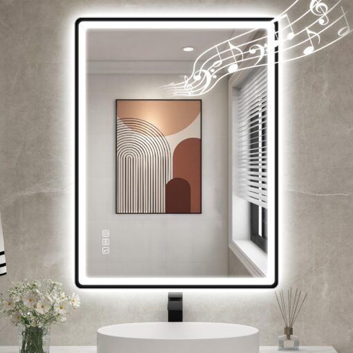 STARLEAD 28"x36" LED-Bathroom-Mirror-with-Lights, Wall-Mounted with Bluetooth, Anti-Fog, 3 Color Temperature Dimmable Brightness, Waterproof, Tempered Glass, Frontlit & Backlit, Black Frameless