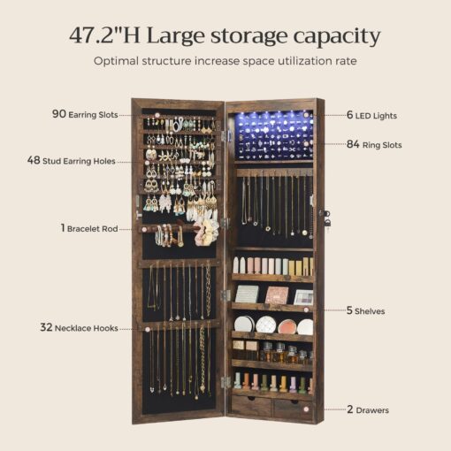 SONGMICS 6 LEDs Mirror Jewelry Cabinet, 47.2-Inch Tall Lockable Wall or Door Mounted Jewelry Armoire Organizer with Mirror, 2 Drawers, 3.9 x 14.6 x 47.2 Inches, Rustic Brown UJJC93CB - Image 6