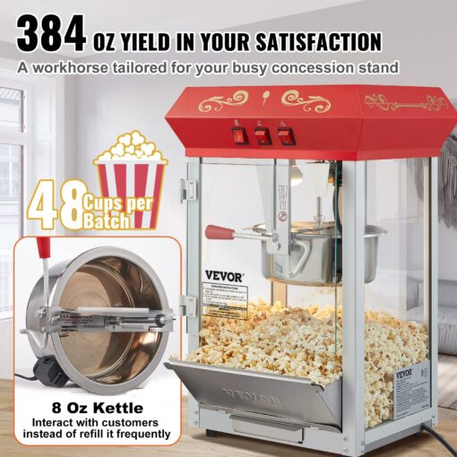 VEVOR Commercial Popcorn Machine, 8 Oz Kettle, 850 W Countertop Popcorn Maker for 48 Cups per Batch, Theater Style Popper with 3-Switch Control Steel Frame Tempered Glass Doors 2 Scoops 2 Spoons, Red - Image 8